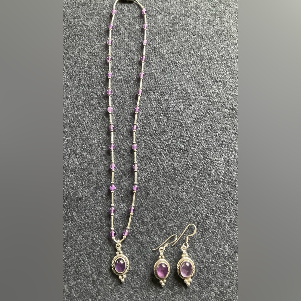 Sterling Silver .925 Vintage Earrings And Necklace Set With Amethyst Gem…